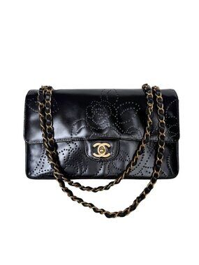 Authentic Vintage Chanel Black Patent Leather Camellia CC Chain Shoulder Bag